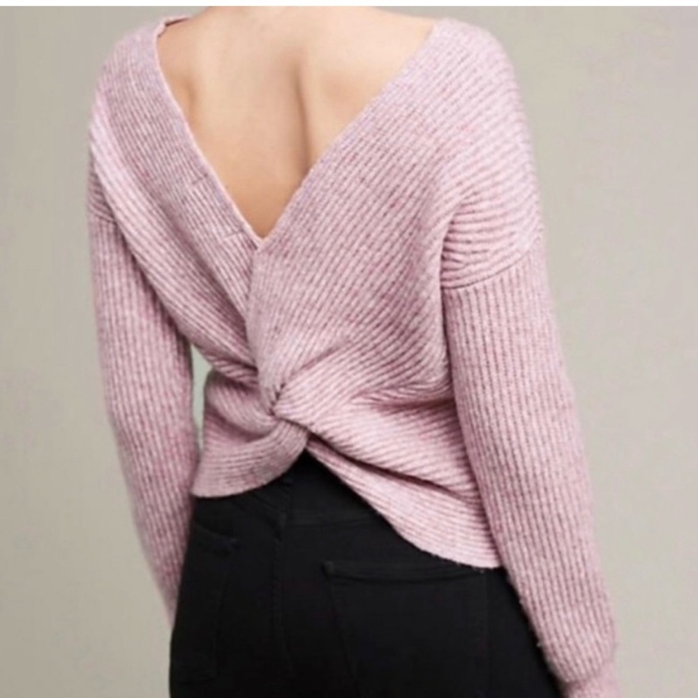 Anthropologie Angel Of The North Pink V-Neck Sweater with Twist-Back